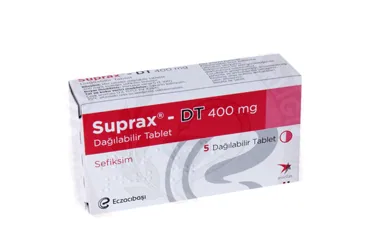Sefiksim içeren tablet: SUPRAX-DT 400 MG DAGILABILIR TABLET (10 TABLET) kutusu. Üretici: EİP ECZACIBAŞI İLAÇ PAZARLAMA A.Ş.