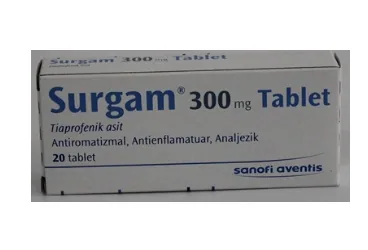 SURGAM 300 MG 20 TABLET kutu fotoğrafı, tablet formunda tiaprofenik asit içerir. Üretici: SANOFİ SAĞLIK ÜRÜNLERİ LTD. ŞTİ.