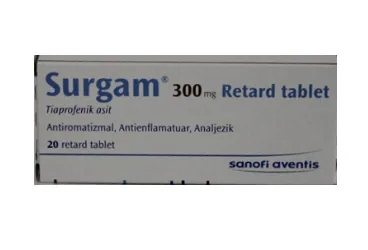 SURGAM RETARD 300 MG 20 TABLET ürün ambalajı, tablet formunda tiaprofenik asit içerir. Üretici: SANOFİ SAĞLIK ÜRÜNLERİ LTD. ŞTİ.