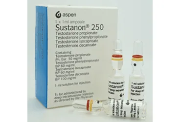 Testosteron içeren çözelti: SUSTANON 250 MG/ML ENJEKSIYONLUK COZELTI ürün ambalajı. Üretici: VLD DANIŞMANLIK TIBBİ ÜRÜNLER VE TANITIM HİZMETLERİ A. Ş.