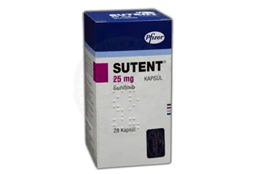 Sunitinib maleat içeren kapsül: SUTENT 25 MG 28 KAPSUL ambalajı. Üretici: PFİZER PFE İLAÇLARI ANONİM ŞİRKETİ.