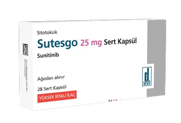 SUTESGO 25 MG SERT KAPSUL (28 KAPSUL) ambalajı. Sunitinib maleat içeren kapsül. Üretici: DEVA HOLDİNG ANONİM ŞİRKETİ.