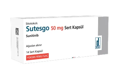 SUTESGO 50 MG SERT KAPSUL (14 KAPSUL) kutu fotoğrafı. Sunitinib maleat içeren kapsül. Üretici: DEVA HOLDİNG ANONİM ŞİRKETİ.