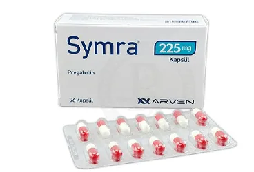 SYMRA 225 MG SERT KAPSUL (56 KAPSUL) ürün ambalajı, kapsül formunda pregabalin içerir. Üretici: SANOVEL İLAÇ SANAYİ VE TİCARET ANONİM ŞİRKETİ.