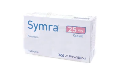 Pregabalin içeren kapsül: SYMRA 25 MG SERT KAPSUL (56 KAPSUL) kutu fotoğrafı. Üretici: SANOVEL İLAÇ SANAYİ VE TİCARET ANONİM ŞİRKETİ.