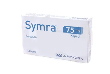 SYMRA 75 MG SERT KAPSUL (14 KAPSUL) ürün ambalajı. Pregabalin içeren kapsül. Üretici: SANOVEL İLAÇ SANAYİ VE TİCARET ANONİM ŞİRKETİ.