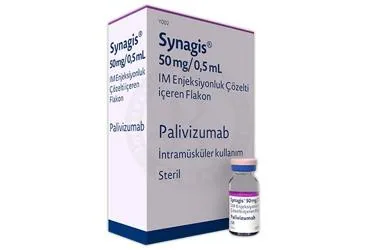 SYNAGIS 50 MG/0,5 ML IM ENJEKSIYONLUK COZELTI ICEREN FLAKON (1 FLAKON) kutu fotoğrafı. Palivizumab içeren çözelti. Üretici: ASTRAZENECA İLAÇ SAN.VE TİC.LTD.ŞTİ.