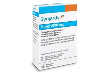 SYNJARDY 5MG/1000 MG FİLM KAPLI TABLET (60 ADET) kutusu. Metformin + empagliflozin içeren film kaplı tablet. Üretici: BOEHRİNGER INGELHEİM İLAÇ TİCARET A.Ş.