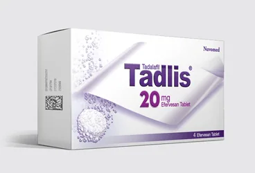 Tadalafil içeren efervesan tablet: TADLIS 20 MG 4 EFERVESAN TABLET ürün ambalajı. Üretici: NUVOMED İLAÇ SANAYİ TİCARET ANONİM ŞİRKETİ.