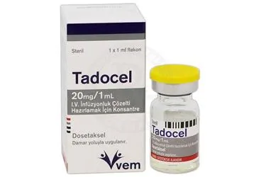 TADOCEL 20 MG/1 ML IV INFUZYONLUK KONSANTRE COZELTI (1 FLAKON) kutu fotoğrafı, çözelti formunda dosetaksel içerir. Üretici: VEM İLAÇ SAN. VE TİC. ANONİM ŞİRKETİ.