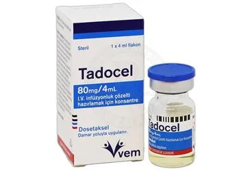 TADOCEL 80 MG/4 ML IV INFUZYONLUK KONSANTRE COZELTI (1 FLAKON) kutu fotoğrafı. Dosetaksel içeren çözelti. Üretici: VEM İLAÇ SAN. VE TİC. ANONİM ŞİRKETİ.