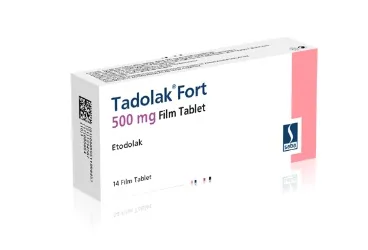 TADOLAK FORT 500 MG 14 FILM TABLET ambalajı. Etodolak içeren film kaplı tablet. Üretici: SABA İLAÇ SANAYİİ VE TİCARET ANONİM ŞİRKETİ.
