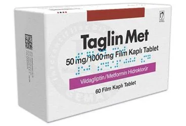 TAGLIN MET 50 MG/1000 MG FILM KAPLI TABLET (60 TABLET) kutusu, film kaplı tablet formunda metformin + vildagliptin içerir. Üretici: NOBEL İLAÇ SAN. VE TİC. A.Ş.