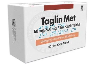 TAGLIN MET 50 MG/850 MG FILM KAPLI TABLET (60 TABLET) ürün ambalajı, film kaplı tablet formunda metformin + vildagliptin içerir. Üretici: NOBEL İLAÇ SAN. VE TİC. A.Ş.