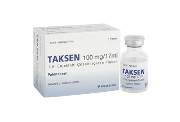 TAKSEN 100 MG/17 ML IV ENJEKSIYONLUK COZELTI (1 FLAKON) ürün ambalajı, çözelti formunda paklitaksel içerir. Üretici: KOÇAK FARMA İLAÇ VE KİMYA SANAYİ A.Ş.