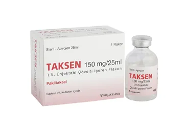 Paklitaksel içeren çözelti: TAKSEN 150 MG/25 ML IV ENJEKSIYONLUK COZELTI (1 FLAKON) kutu fotoğrafı. Üretici: KOÇAK FARMA İLAÇ VE KİMYA SANAYİ A.Ş.