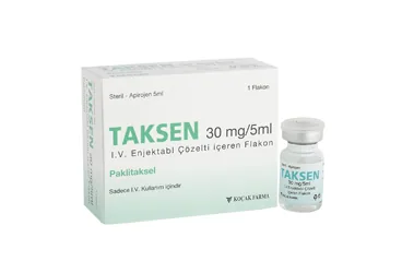 TAKSEN 30 MG/5 ML IV ENJEKSIYONLUK COZELTI (1 FLAKON) kutusu, çözelti formunda paklitaksel içerir. Üretici: KOÇAK FARMA İLAÇ VE KİMYA SANAYİ A.Ş.