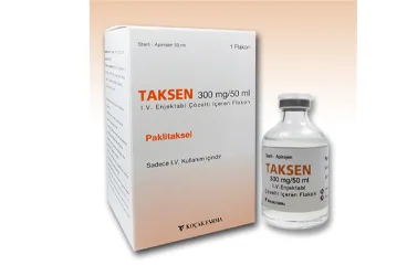 TAKSEN 300 MG/50 ML IV ENJEKSIYONLUK COZELTI (1 FLAKON) (paklitaksel) kutu fotoğrafı, çözelti. Üretici: KOÇAK FARMA İLAÇ VE KİMYA SANAYİ A.Ş.