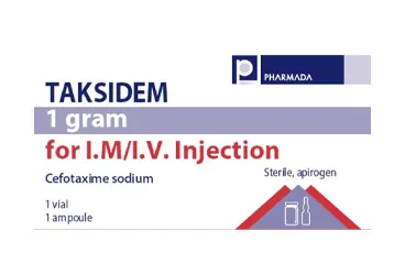 TAKSIDEM 1 G IM/IV ENJEKSIYON ICIN TOZ ICEREN FLAKON (sefotaksim sodyum) ambalajı, flakon. Üretici: PHARMADA İLAÇ SANAYİ VE TİCARET A.Ş.