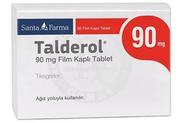 TALDEROL 90 MG FILM KAPLI TABLET (56 TABLET) (tikagrelor) ambalajı, film kaplı tablet. Üretici: SANTA FARMA İLAÇ SAN. A.Ş.