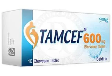 TAMCEF 600MG EFERVESAN TABLET ürün ambalajı, efervesan tablet formunda sefdinir içerir. Üretici: CELTİS İLAÇ SANAYİ VE TİCARET ANONİM ŞİRKETİ.