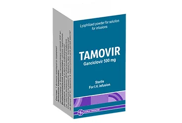 TAMOVIR 500 MG IV INFUZYON ICIN LIYOFILIZE TOZ ICEREN FLAKON (1 FLAKON) ambalajı. Gansiklovir içeren flakon. Üretici: WORLD MEDICINE İLAÇ SAN. VE TİC. A.Ş.
