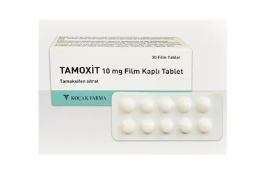 Tamoksifen sitrat içeren film kaplı tablet: TAMOXIT 10 MG 100 FILM TABLET ürün ambalajı. Üretici: KOÇAK FARMA İLAÇ VE KİMYA SANAYİ A.Ş.