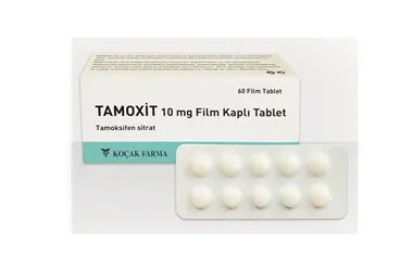 TAMOXIT 10 MG 60 FILM TABLET ambalajı, film kaplı tablet formunda tamoksifen sitrat içerir. Üretici: KOÇAK FARMA İLAÇ VE KİMYA SANAYİ A.Ş.
