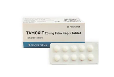 TAMOXIT 20 MG FILM KAPLI TABLET (100 TABLET) kutusu. Tamoksifen sitrat içeren film kaplı tablet. Üretici: KOÇAK FARMA İLAÇ VE KİMYA SANAYİ A.Ş.