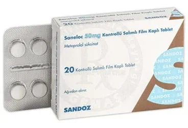 TANELOR 50 MG KONTROLLU SALIMLI 20 FILM KAPLI TABLET kutusu. Metoprolol içeren film kaplı tablet. Üretici: COSTA SAĞLIK SPOR HİZMETLERİ TİCARET LİMİTED ŞİRKETİ.
