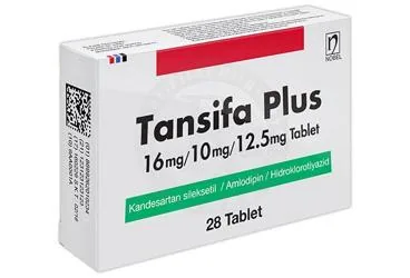 TANSIFA PLUS 16 MG/10 MG/12.5 MG TABLET (28 TABLET) kutusu, tablet formunda kandesartan + hidroklorotiazid + amlodipin içerir. Üretici: NOBEL İLAÇ PAZARLAMA VE SANAYİİ LTD. ŞTİ.