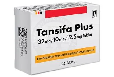 Kandesartan + hidroklorotiazid + amlodipin içeren tablet: TANSIFA PLUS 32 MG/10 MG/12.5 MG TABLET (28 TABLET) kutu fotoğrafı. Üretici: NOBEL İLAÇ PAZARLAMA VE SANAYİİ LTD. ŞTİ.