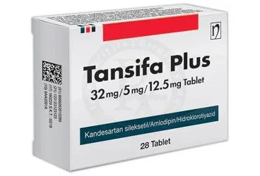 TANSIFA PLUS 32 MG/5 MG/12.5 MG TABLET (28 TABLET) kutusu, tablet formunda kandesartan + hidroklorotiazid + amlodipin içerir. Üretici: NOBEL İLAÇ PAZARLAMA VE SANAYİİ LTD. ŞTİ.