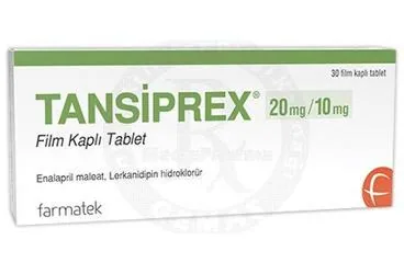 TANSIPREX 20 MG/10 MG FILM KAPLI TABLET (30 TABLET) kutusu. Enalapril + lerkanidipin içeren film kaplı tablet. Üretici: FARMA-TEK İLAÇ SANAYİ VE TİCARET A.Ş.