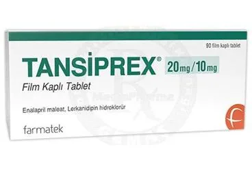 Enalapril + lerkanidipin içeren film kaplı tablet: TANSIPREX 20 MG/10 MG FILM KAPLI TABLET (90 TABLET) ambalajı. Üretici: FARMA-TEK İLAÇ SANAYİ VE TİCARET A.Ş.