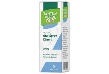 TANTUM VERDE DUO % 0,15 / % 0,12 ORAL SPREY,COZELTI (30 ML) (benzidamin kombinasyonları -oral) ambalajı, çözelti. Üretici: ANGELINI İLAÇ SANAYİ VE TİCARET ANONİM ŞİRKETİ.