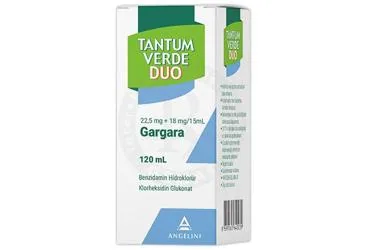 Benzidamin kombinasyonları -oral içeren TANTUM VERDE DUO 22,5 MG + 18 MG / 15 ML GARGARA (120 ML) ambalajı. Üretici: ANGELINI İLAÇ SANAYİ VE TİCARET ANONİM ŞİRKETİ.