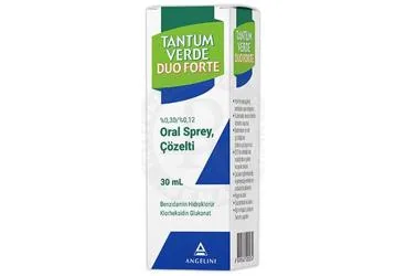 Benzidamin kombinasyonları -oral içeren çözelti: TANTUM VERDE DUO FORTE %0.30 + %0.12 ORAL SPREY, COZELTI (30 ML) ambalajı. Üretici: ANGELINI İLAÇ SANAYİ VE TİCARET ANONİM ŞİRKETİ.
