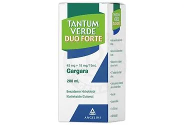 TANTUM VERDE DUO FORTE 45 MG+18 MG/15 ML GARGARA kutusu. Etkin maddesi benzidamin kombinasyonları -oral. Üretici: ANGELINI İLAÇ SANAYİ VE TİCARET ANONİM ŞİRKETİ.