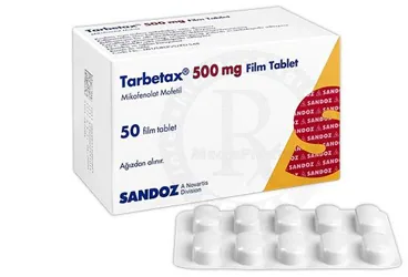 TARBETAX 500 MG 50 FILM TABLET ürün ambalajı. Mikofenolat içeren film kaplı tablet. Üretici: SANDOZ İLAÇ SANAYİ VE TİCARET A.Ş.