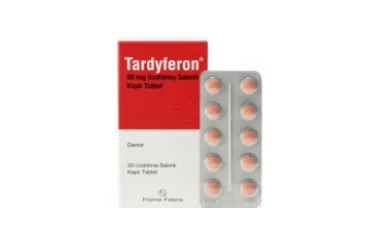 TARDYFERON 80 MG UZATILMIS SALIMLI KAPLI TABLET kutusu, tablet formunda ferrous sulfate içerir. Üretici: PIERRE FABRE İLAÇ A.Ş.