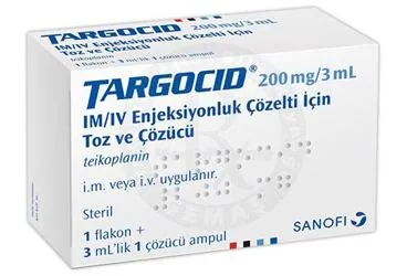 TARGOCID 200 MG 1 FLAKON kutu fotoğrafı, flakon formunda teikoplanin içerir. Üretici: SANOFİ SAĞLIK ÜRÜNLERİ LTD. ŞTİ.