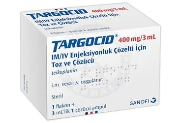 TARGOCID 400 MG 1 FLAKON kutusu. Teikoplanin içeren flakon. Üretici: SANOFİ SAĞLIK ÜRÜNLERİ LTD. ŞTİ.