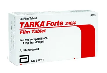 TARKA FORTE 240/4 MG 28 FILM TABLET kutusu. Verapamil hcl + trandolapril içeren film kaplı tablet. Üretici: ABBOTT LABORATUARLARI İTHALAT İHRACAT VE TİCARET LİMİTED ŞİRKETİ.