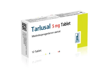 Medroksiprogesteron içeren tablet: TARLUSAL 5 MG 12 TABLET kutusu. Üretici: DEVA HOLDİNG ANONİM ŞİRKETİ.