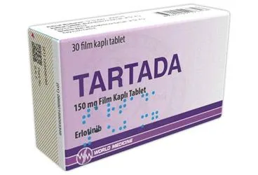 Erlotinib içeren film kaplı tablet: TARTADA 150 MG FILM KAPLI TABLET (30 TB) ürün ambalajı. Üretici: WORLD MEDICINE İLAÇ SAN. VE TİC. A.Ş.