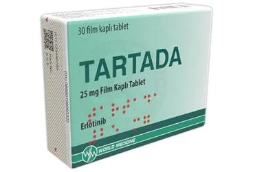 Erlotinib içeren film kaplı tablet: TARTADA 25 MG FILM KAPLI TABLET (30 TB) ürün ambalajı. Üretici: WORLD MEDICINE İLAÇ SAN. VE TİC. A.Ş.