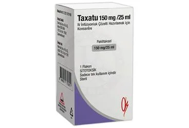 TAXATU 150 MG /25 ML IV INFUZYONLUK COZELTI HAZIRLAMAK ICIN KONSANTRE (1 FLAKON) ürün ambalajı. Paklitaksel içeren çözelti. Üretici: ONKO İLAÇ SANAYİ VE TİCARET ANONİM ŞİRKETİ.