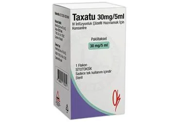 TAXATU 30 MG /5 ML IV INFUZYONLUK COZELTI HAZIRLAMAK ICIN KONSANTRE (1 FLAKON) kutu fotoğrafı, çözelti formunda paklitaksel içerir. Üretici: ONKO İLAÇ SANAYİ VE TİCARET ANONİM ŞİRKETİ.