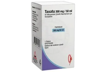 Paklitaksel içeren çözelti: TAXATU 300 MG /50 ML IV INFUZYONLUK COZELTI HAZIRLAMAK ICIN KONSANTRE (1 FLAKON) ürün ambalajı. Üretici: ONKO İLAÇ SANAYİ VE TİCARET ANONİM ŞİRKETİ.